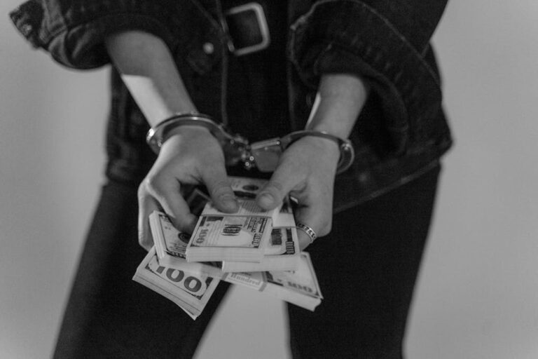 Black and white image of a handcuffed person holding bundles of US dollars