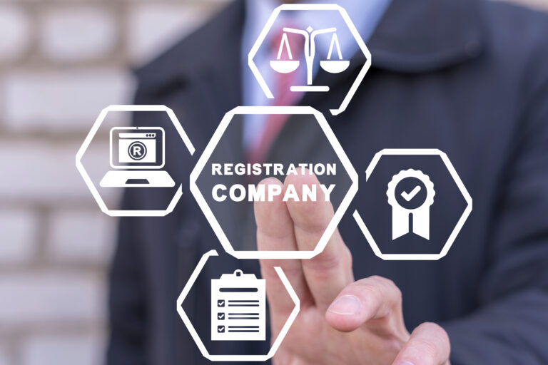 Businessman using virtual touch screen presses inscription: REGISTRATION COMPANY. Concept of new company online registration. Business start up. Brand building process. Company formation procedure.